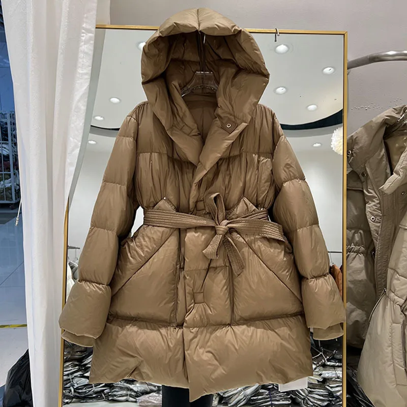 Moda feminina de inverno cor sólida casacos grossos feminino 90% pato branco para baixo casacos senhoras casual quente com capuz outerwear