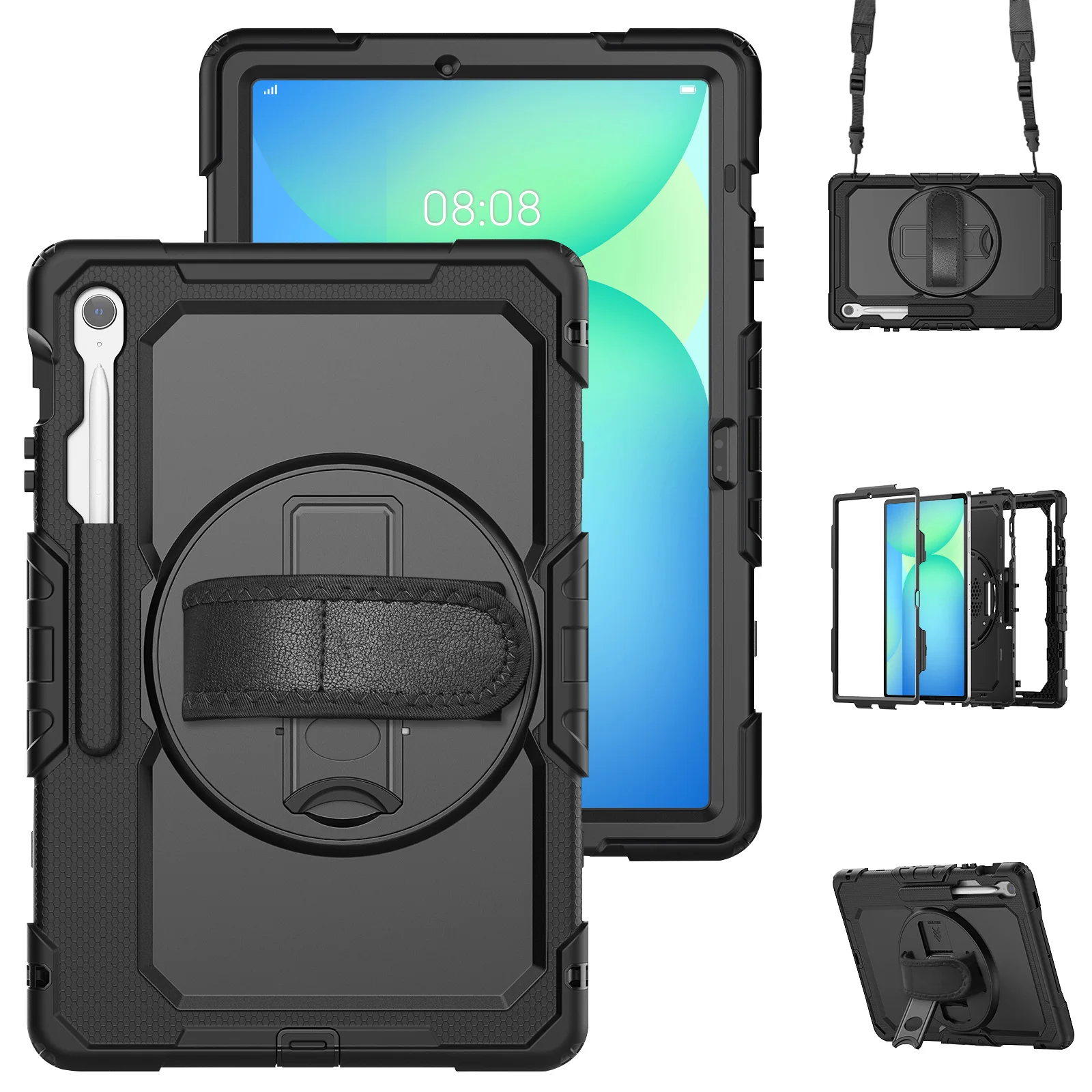 Heavy Duty Shockrpoof Case Hand/Shoulder Strap Stand for Samsung Galaxy Tab S10 FE+ Plus 13' X620/X626B With Screen Protector