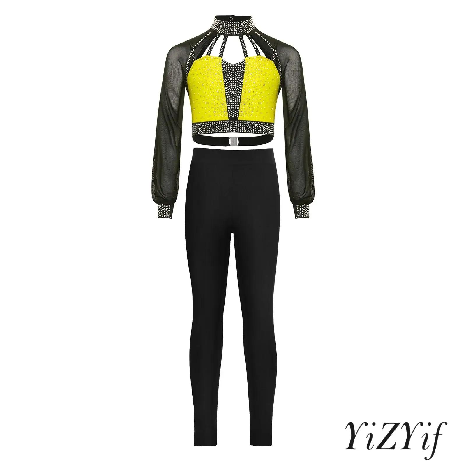 

Kids Girls Ballet Jazz Dance Outfit Figure Skating Dance Performance Costume Long Sleeves Cutout Strappy Shiny Crop Top+Leggings