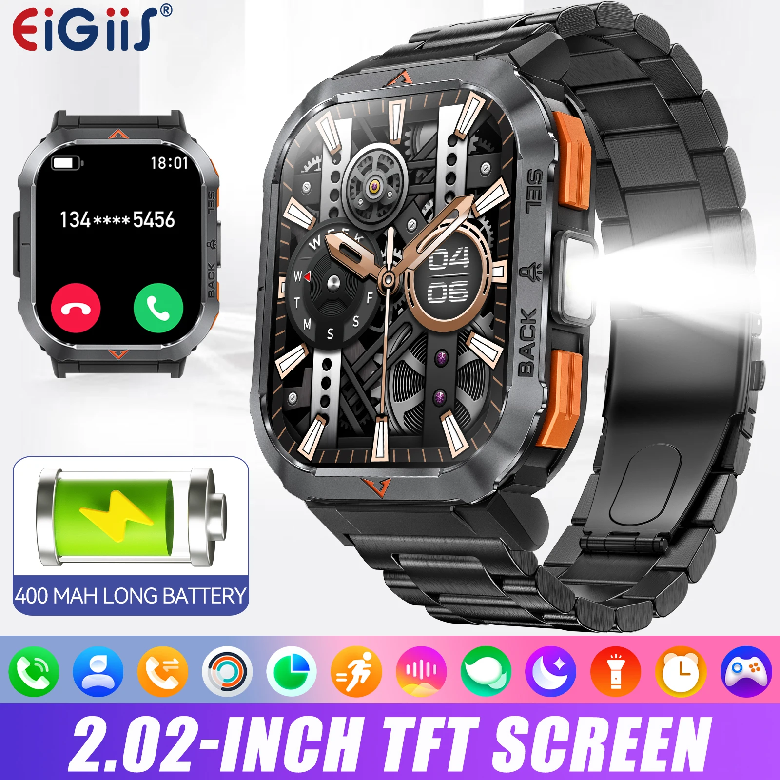 Reloj inteligente con monitor de salud y linterna, pantalla HD de 2.02 pulgadas, Bluetooth, llamadas, brújula, resistente al agua, para iOS y Android._voghion.com