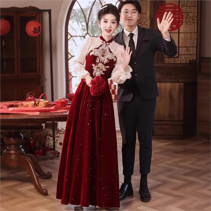 

New Chinese-style cheongsam toasting style long red dress