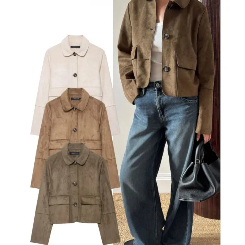 

Женская укороченная куртка из искусственной замши, новинка 2025, осенние женские пальто с лацканами и пуговицами, модные женские топы