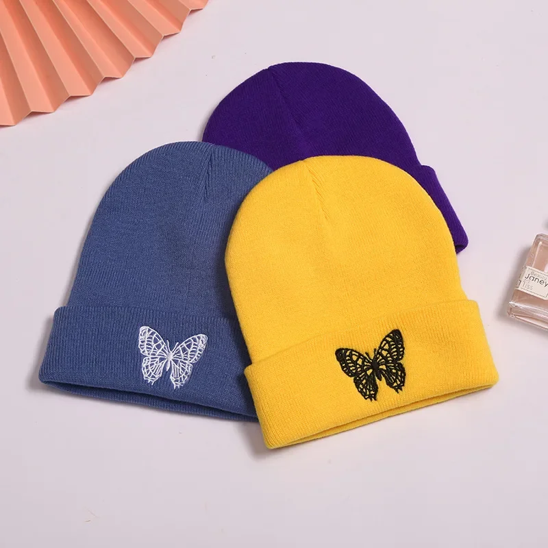 

Solid Color Butterfly Embroidery Beanies Hat Autumn Winter Warm Versatile Knitted Hat Unisex Outdoor Street Trend Brimless Hat