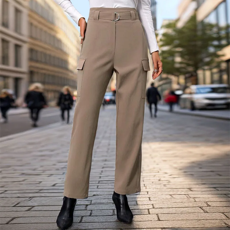 

Streetwear Pocket with Belt Ankle-Length Pants 2024 Women Spring Summer Straight Wide Leg Pants Women Casual Solid Long Trousers