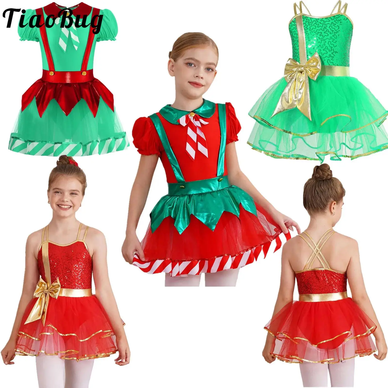 

Girls Christmas Elf Dance Costumes Puff Sleeve Bow Stripes Tutu Dress Ballet Leotard for Xmas Festival Carnival Party Dancewear