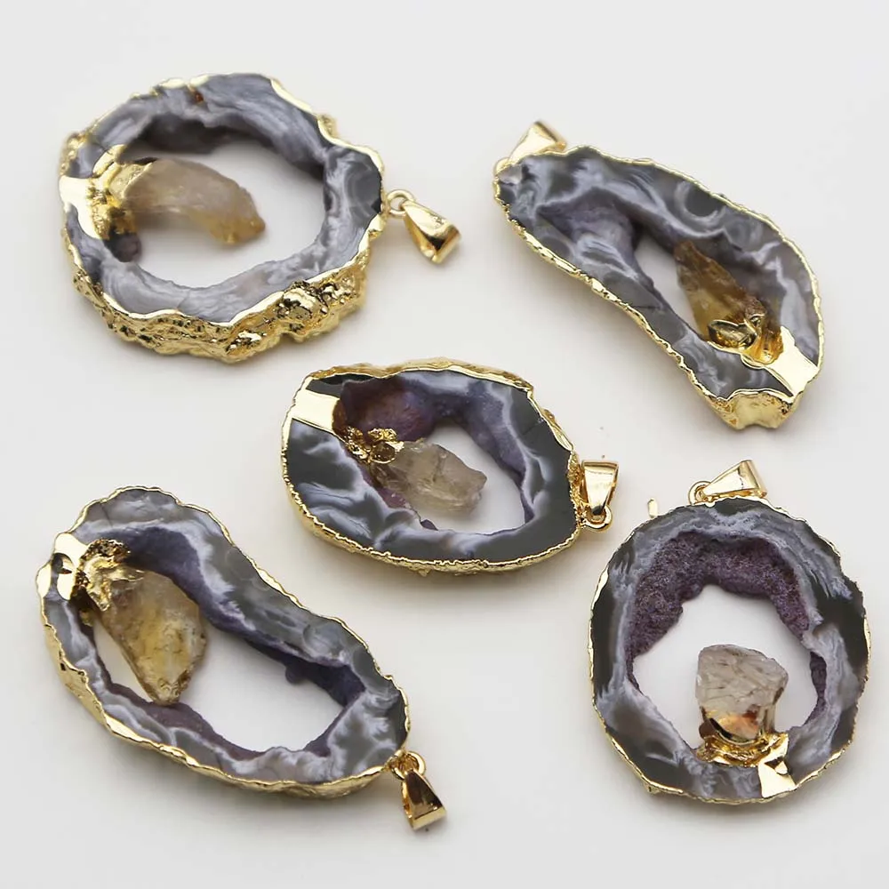 High-quality Agate Geode Pendant Irregular Inset Phnom Penh Necklace Fashion Collarbone Chain Crystal Accessories 4Pcs Wholesale