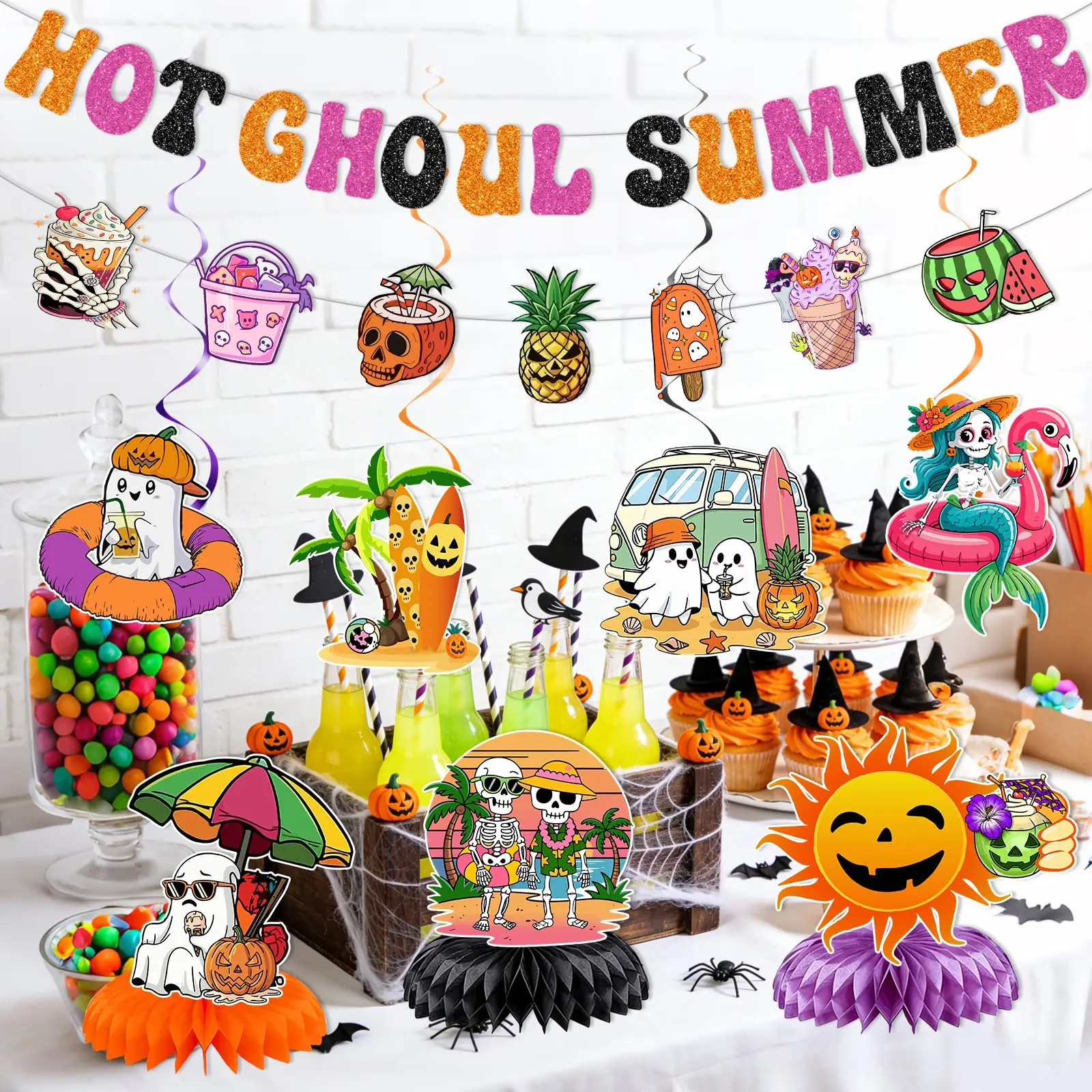 Fröhliches Sommer-Halloween-Dekorationsbanner, Wabenornament, Geisterfest, Luau-Strand, Hot Choul Party Tischdekoration, Totenkopf, Meerjungfrau