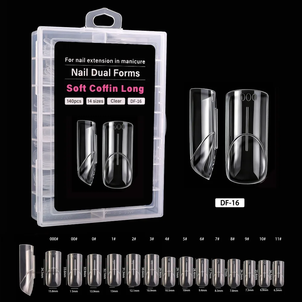 140PCS 14 Sizes French Nail Dual Form Square Almond with Inner French Line Nail Extension Mold Reusable Fake Nail Tips