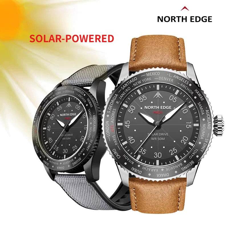NORTH EDGE Solar Powered Quartz Watch Men MACH Sports Pilot Watches Luminous 50M Waterproof Watches for Man Relogios Masculino