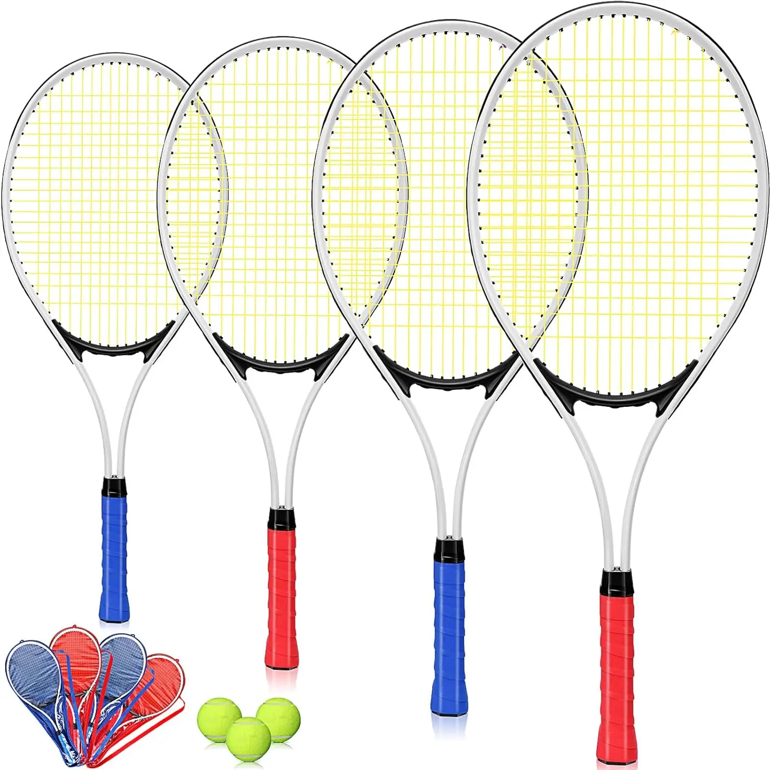 

4 Adult Tennis Rackets with Balls, Lightweight 27" Racquet for Training Beginners, Includes Bag