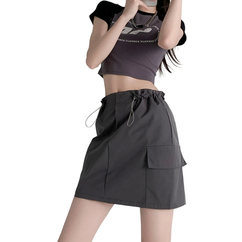 

Women Drawstrings High Waist Mini Cargo Skirt Simple Solid Athletic Loose Flared A Line Short Skirts with Flap Pockets 066C