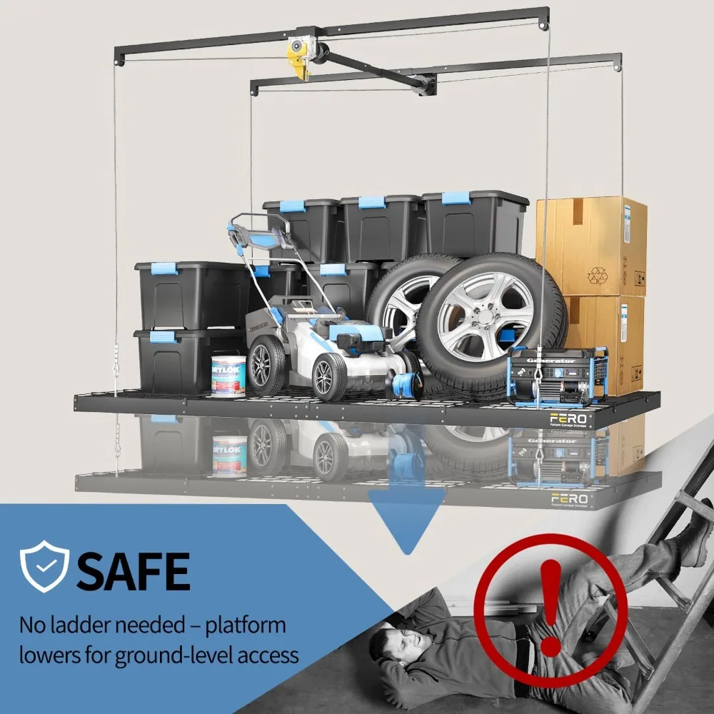 Heavy-Duty Overhead Garage Storage Rack 4x8 FT with Lift System, Safety Lock, 325 lbs Capacity for Space Saving