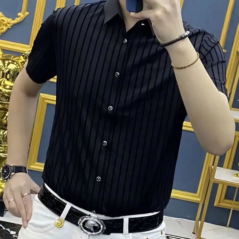 2024 New Summer Fashion Versatile Slim Fit Comfortable High End Trendy Casual Men's Polo Neck Solid Color Short Sleeved Shirt