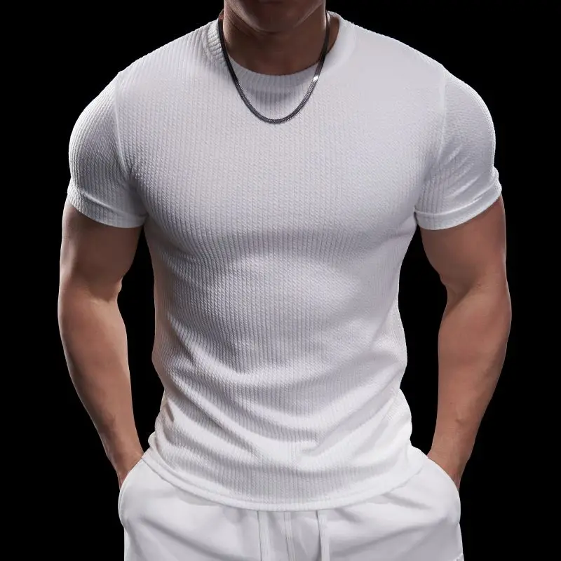 

Мужская футболка для фитнеса с короткими рукавами и мышечной текстурой, с круглым вырезом, тонкая эластичная, быстросохнущая, спортивная футболка для тренировок, фитнеса, бега