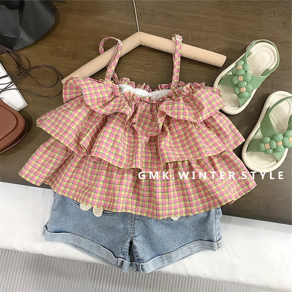 Girls' Summer Suit Girls' Pink Grid Ruffle Edge Suspender Top Casual Foreign Denim Shorts Fashion Casual
