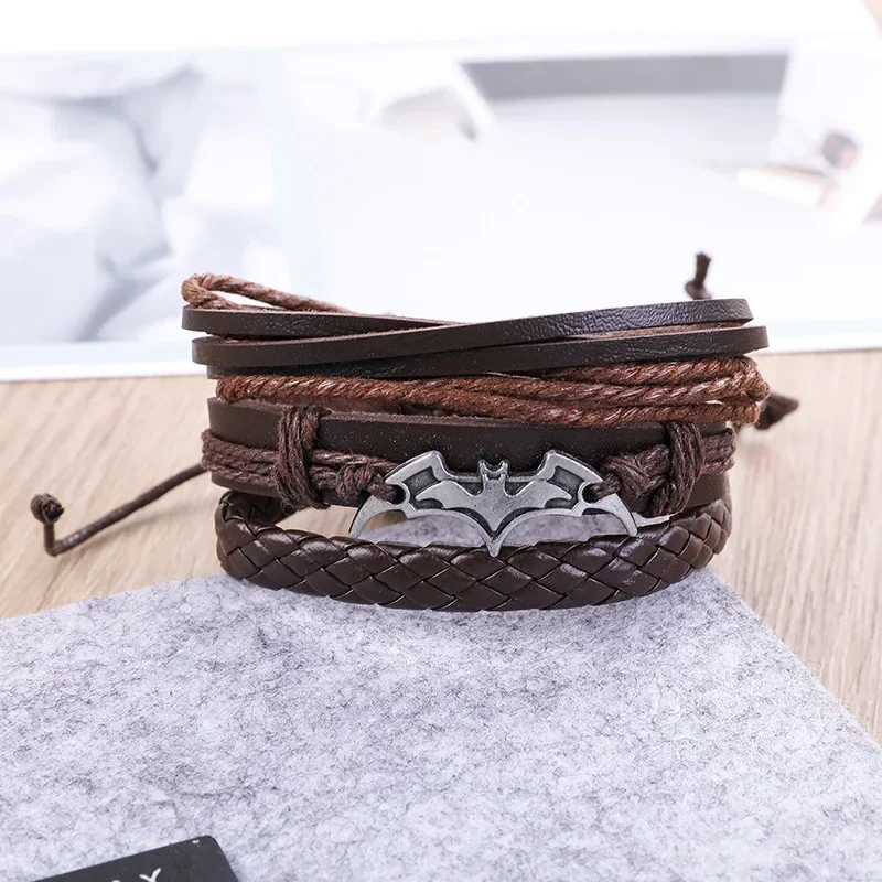 New Best-selling Vintage Men's Leather Bracelets 18cm Three-piece Set Braided Man Bat Bracelets Set Manufacturer Wholesale