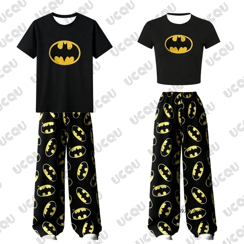 

2026 Summer Men's Trousers Tracksuit Batman Print T-shirt+Pajamas Pant Sets Casual Crop Top Suit Couple Clothes 2 Piece Outfits