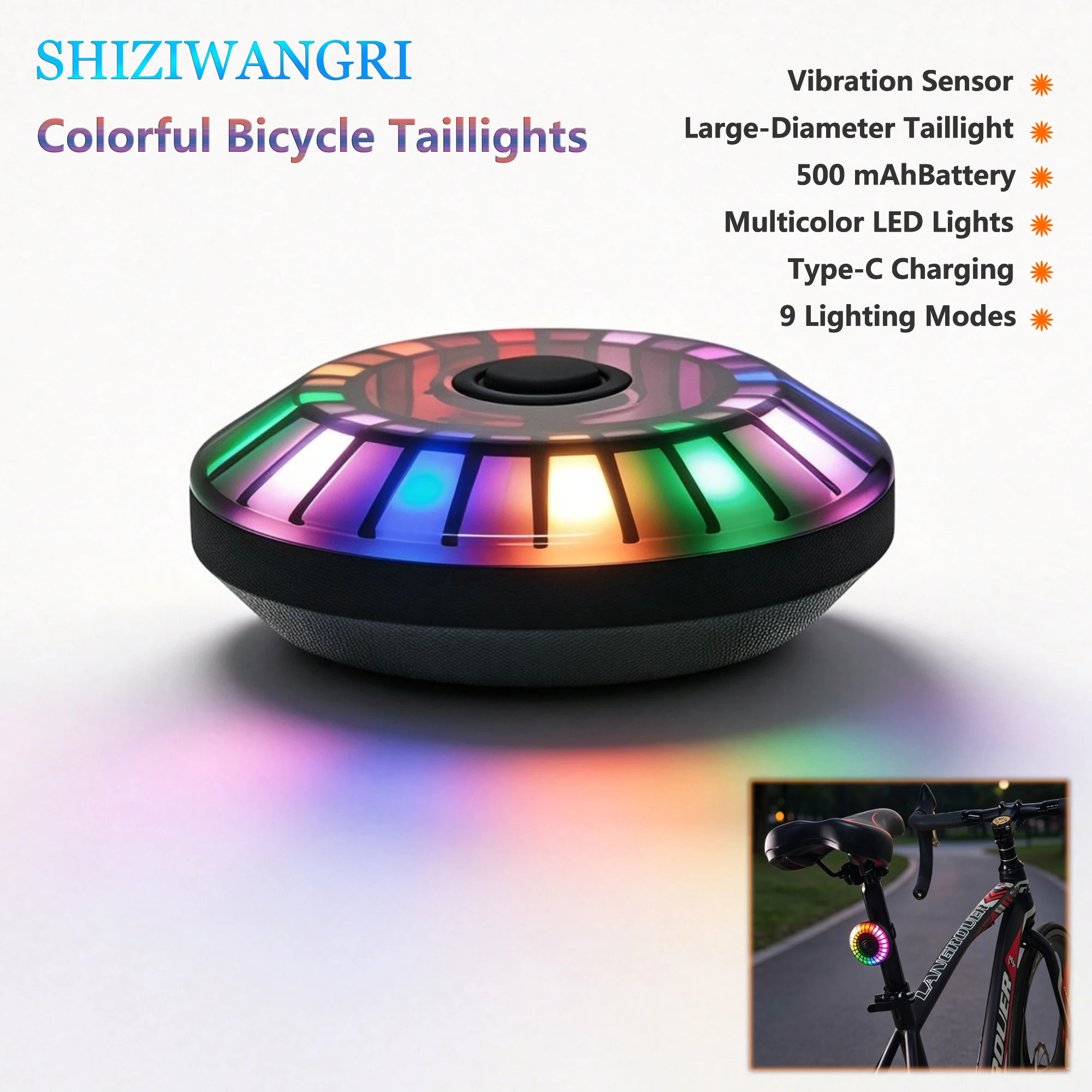 9 Modes Colorful Bicycle Tail Light Motion Sensor Bike Rear Light Type-C Charging 500mAh Cycling Warning Taillight For Bike