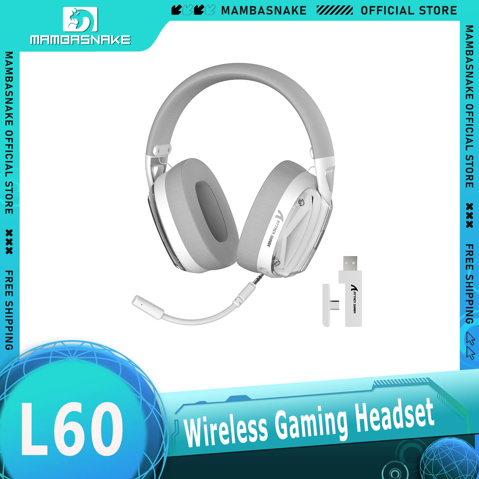 ATTACK SHARK L60 Wireless Over-Ear Gaming Headset,40mm Drivers,Detachable Noise Cancelling Mic,Memory Foam Ear Pads