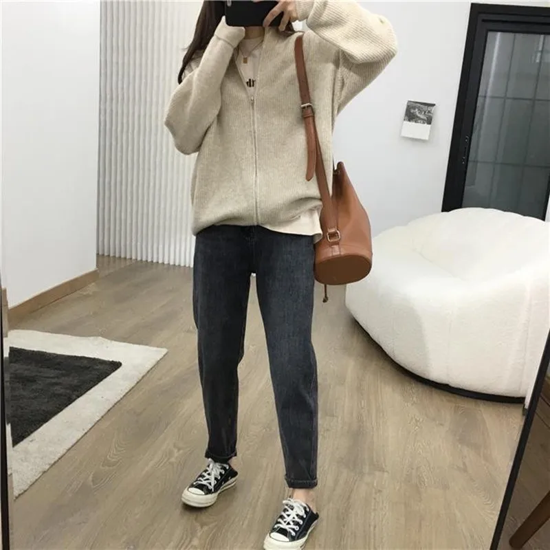 Fashion casual zipper cashmere cardigan women autumn winter half high round neck sweater loose knit lazy wool coat