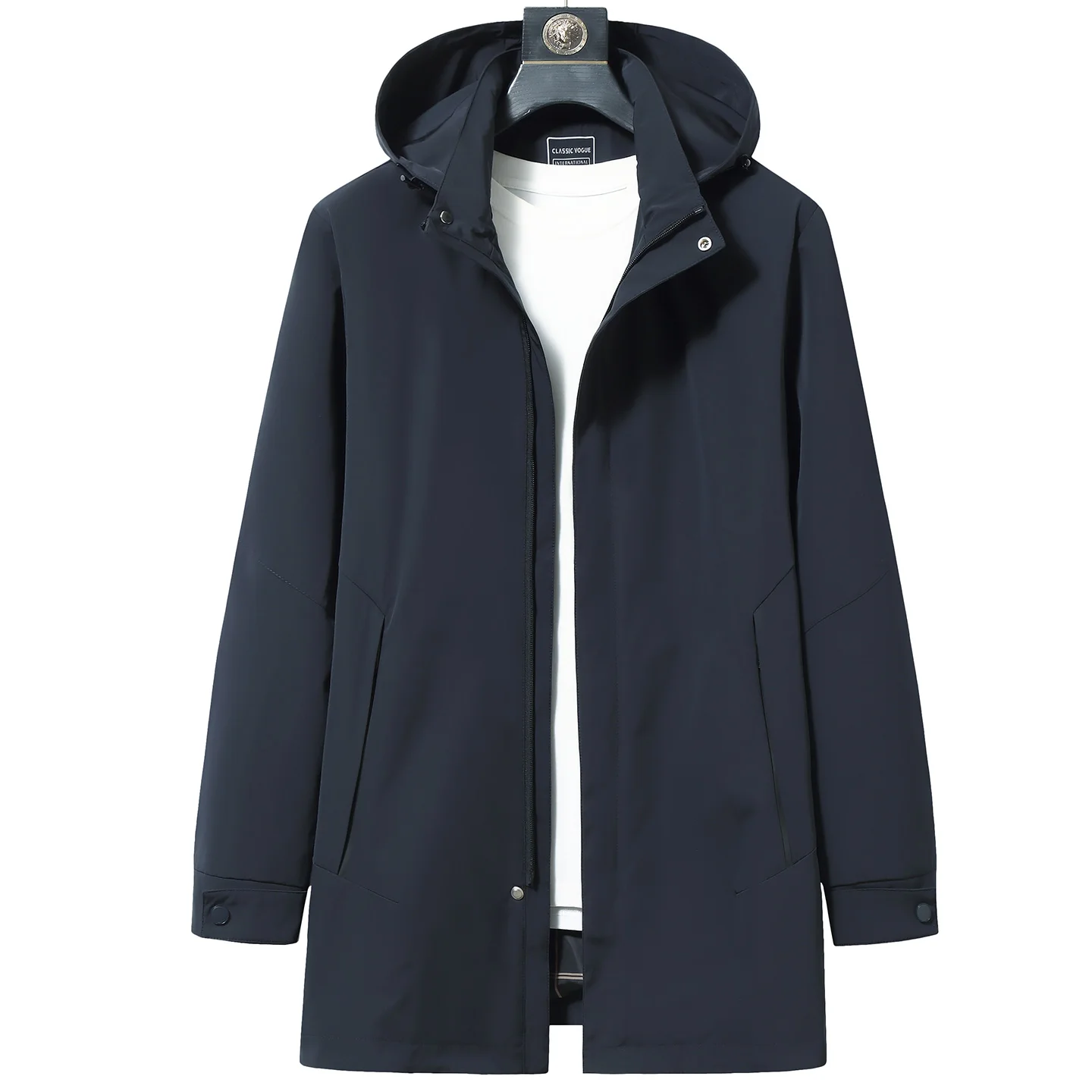 

Spring 2026 Men's Loose Large Size Luxury Casual Hooded Jacket Coat Detachable Cap Mid-Length plus Size Polyester Fiber