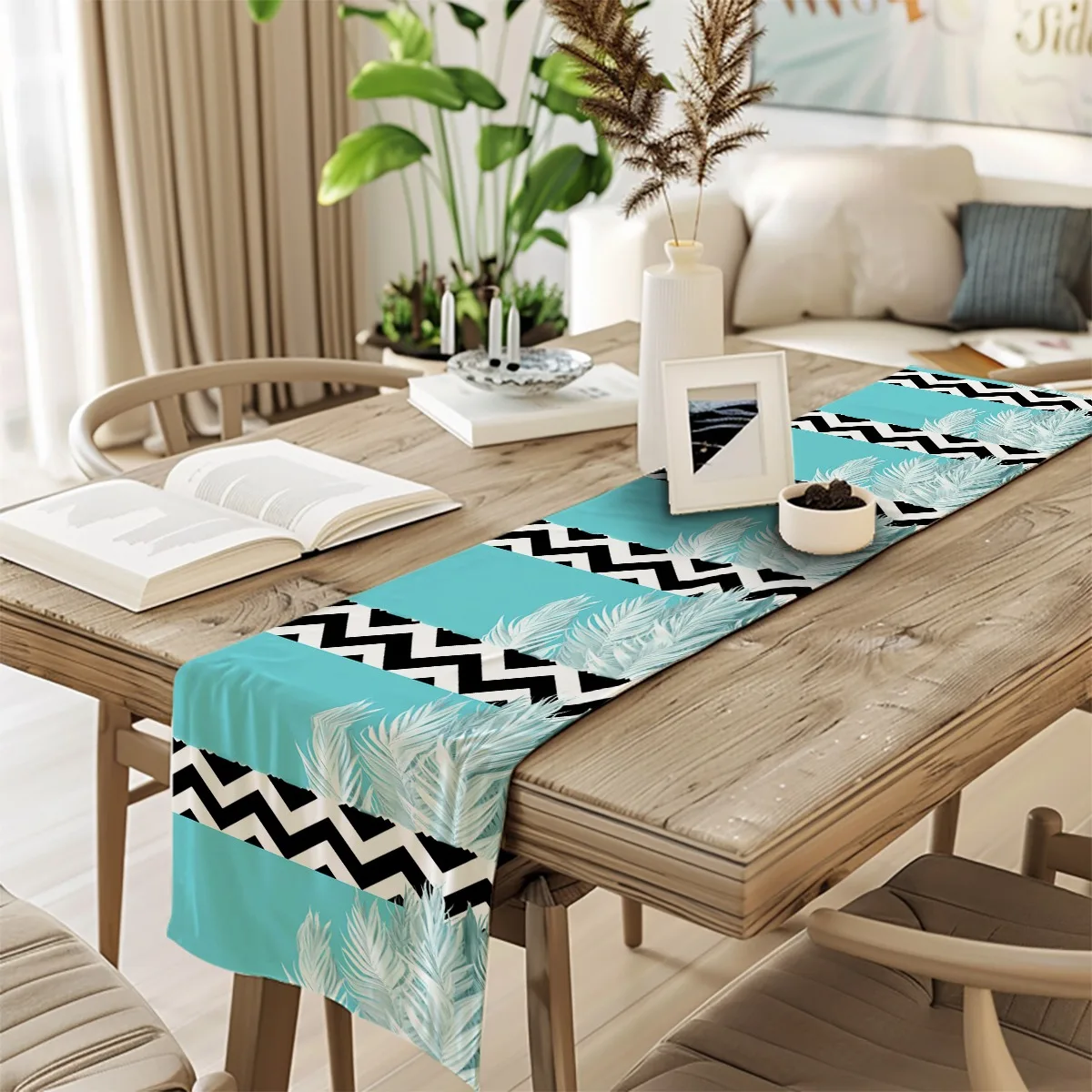 

decor table runner Light Blue Palm Leaves Chic Style tablecloths for Housewarming,Occasions,Outdoor Gatherings,Indoor Room Makeo