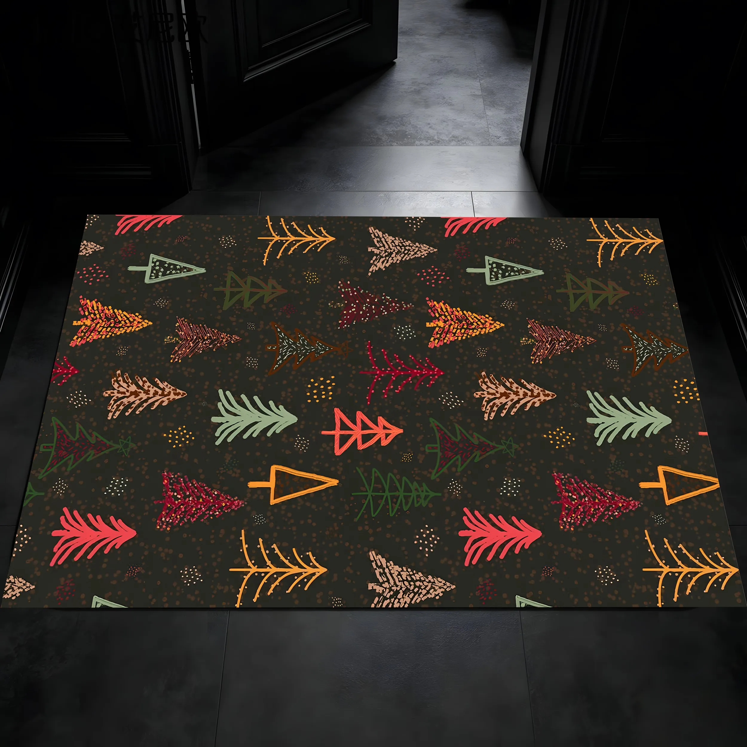 Velvet Line Drawing Colorful Christmas Tree Nordic Style 2D Carpet Suitable for Living Room and Bedroom, Creating a Christmas Atmosphere