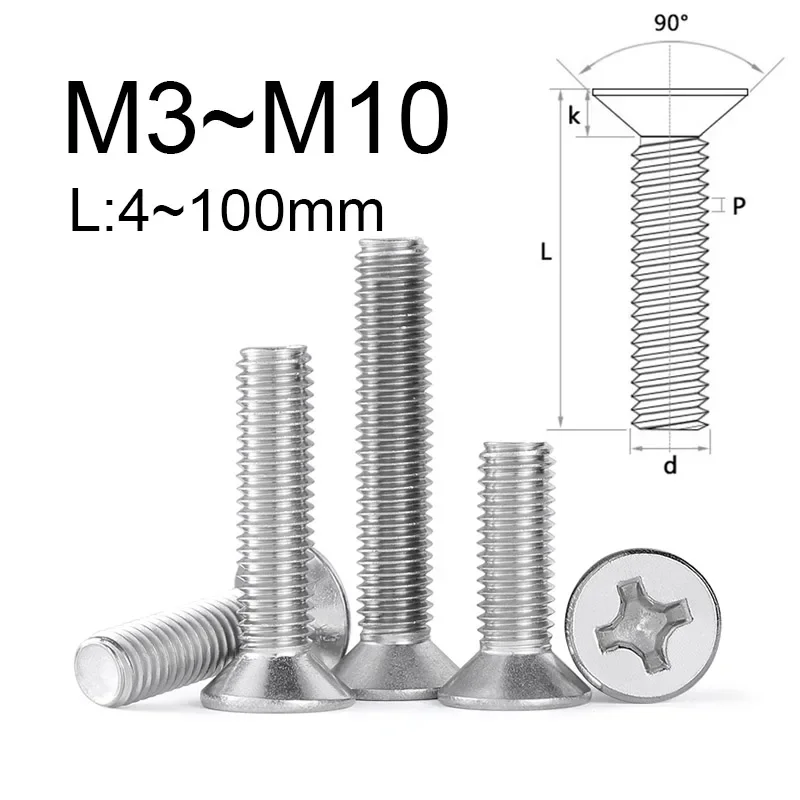 2~50PCS Phillips Countersunk Head Screws M3 M4 M5 M6 M8 M10 304 Stainless Steel Cross Flat Countersunk Head Bolts