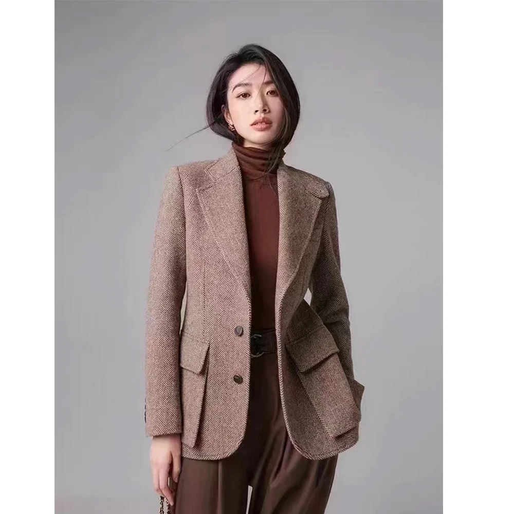 Woman Clothing New Women's Herringbone Coat Solid Color Casual Business Commuting Single Breasted Korean Autumn Clothes 2023