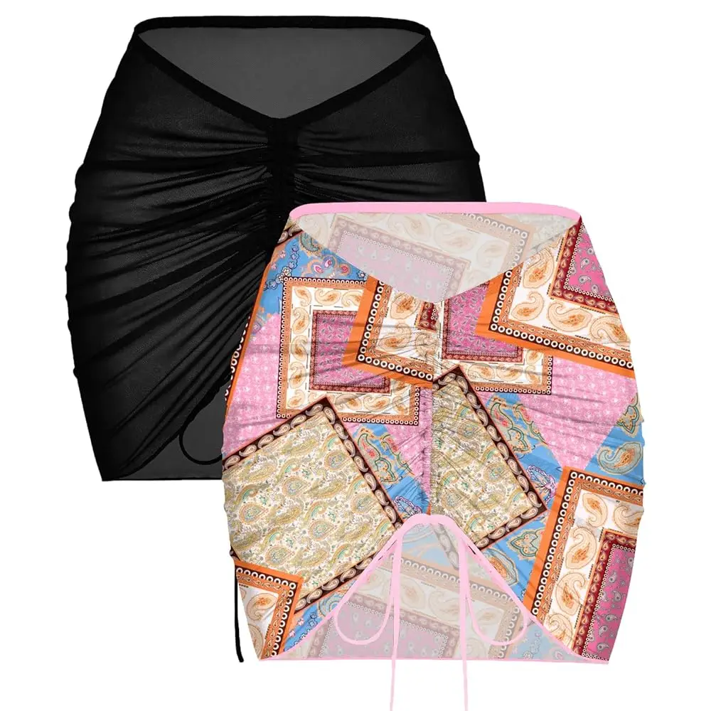 

2 Pieces Women Beach Bathing Suit Cover Ups Skirt Sheer Mesh Bikini Wrap Sarong Coverup for Swimwear S-XXL