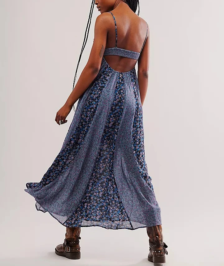 여성용 파인 소프트 쉬폰 플로럴 프린트 롱 스트랩 드레스, 보호 비치 웨어, 민소매 백리스, 깊은 V넥, 섹시한 로브, 여름