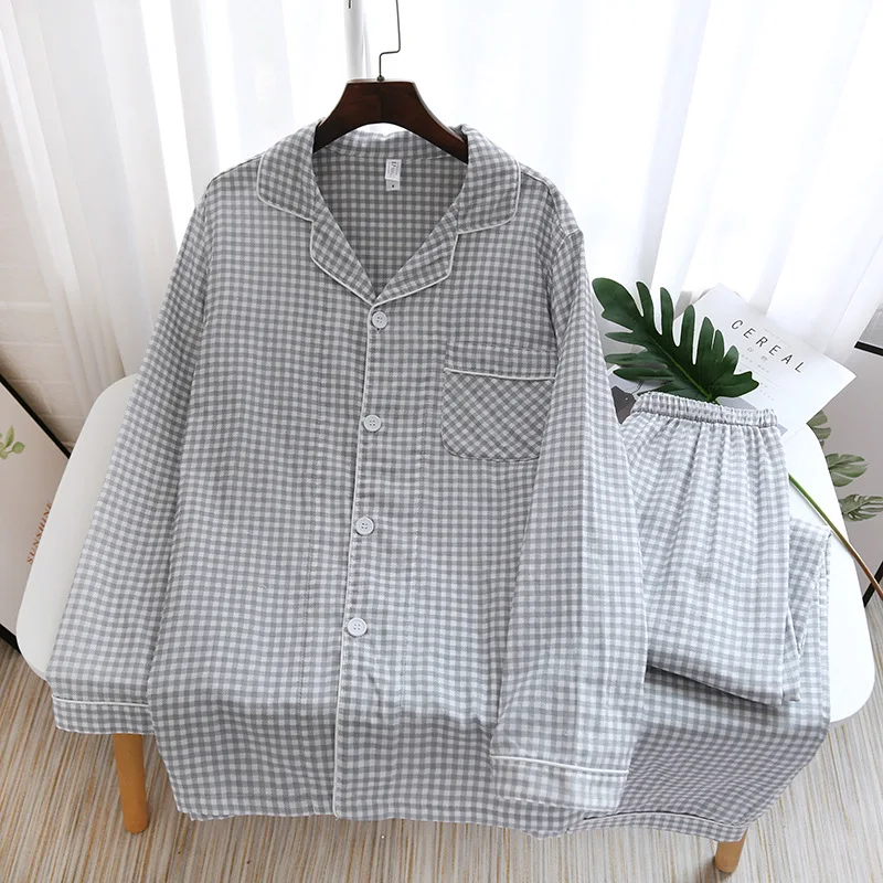 Japanese new couple pajamas, long-sleeved trousers, two-piece 100% cotton gauze simple plaid home service suit for men and women