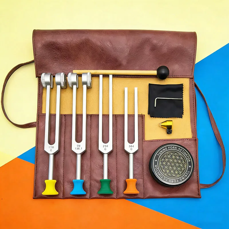 128Hz, 136.1Hz, 256Hz, 384Hz 4 Pack Tuning Forks Set With Activator for Sound Healing Stress Relief, Relaxation & Chakra