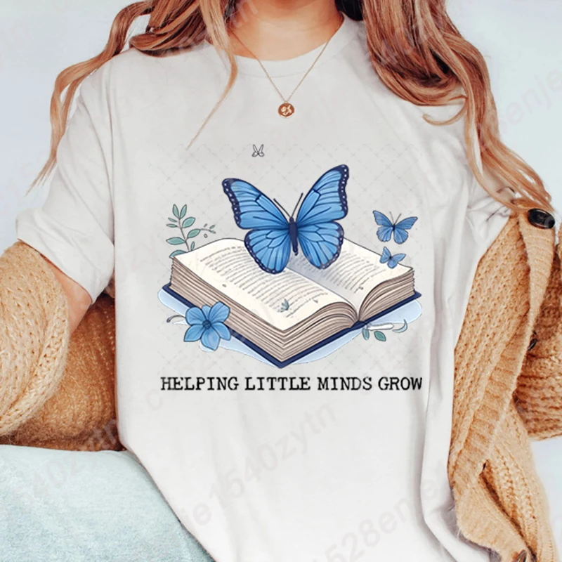 Book Butterfly Helping Little Minds Grow T-shirt Women Summer Short Sleeve O Neck Tees Creative Oversized Tops