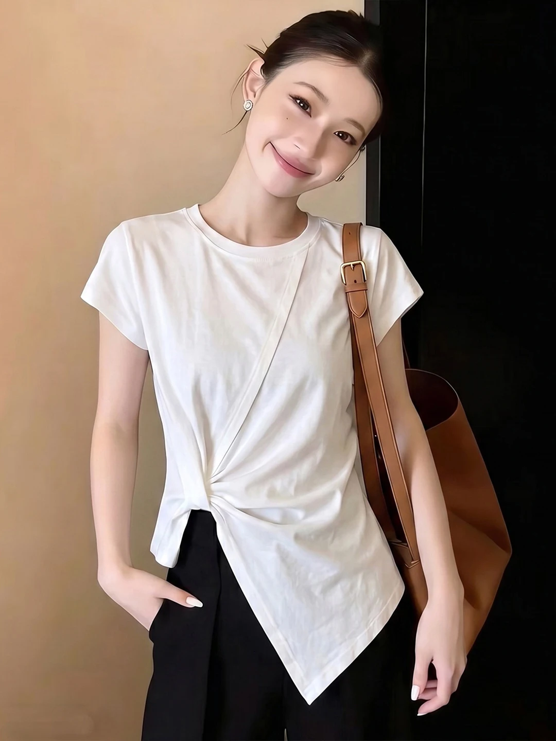 

Simple Summer Short Sleeve Color Hoodie T-Shirt Korean Style Casual Loose Fit round Neck Top for Women