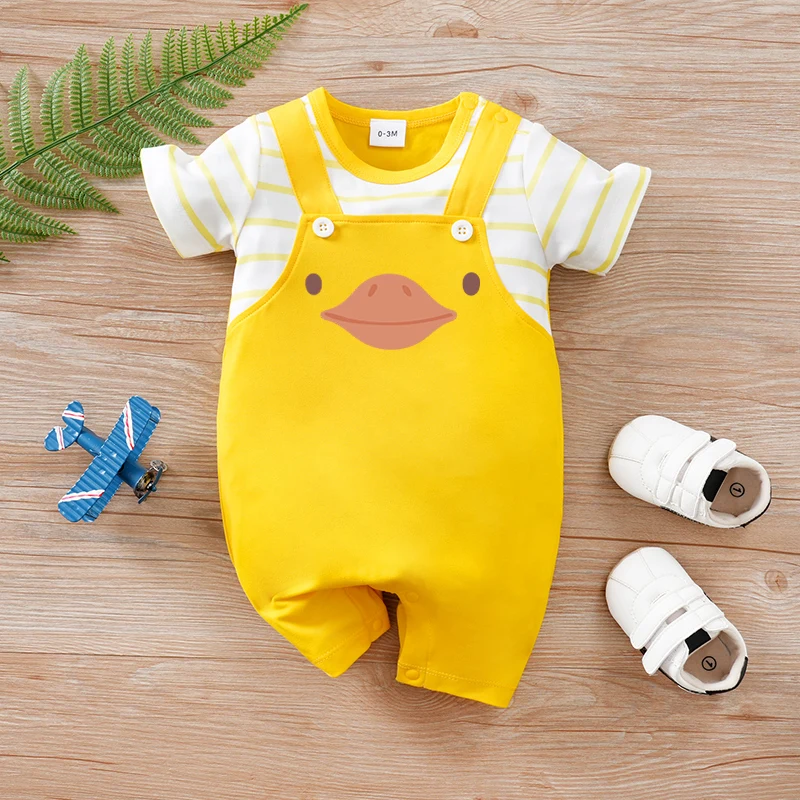 Cute Animal Print with Yellow Fake Suspenders  baby clothing 0-18Months Boys and Girls Baby Short-Sleeve Romper 2025 Newborn