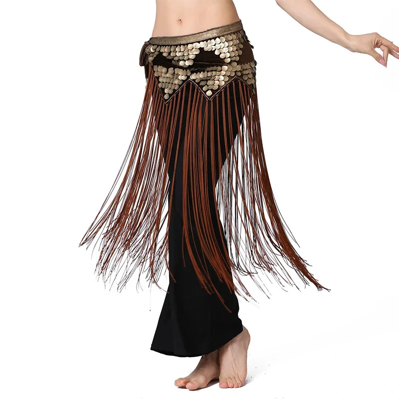 New 2023 Woman Dynamic Belly Dance Waist Chain Belt Ornament Women Triangle Long Tassel Oriental Dance Sequins Black Hip Scarf