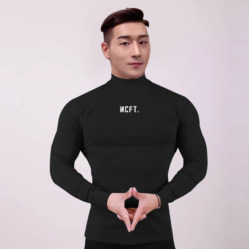 New Sport Shirt Men Fitness Running T Shirts High Neck Long Sleeve Sport Top Sportswear Gym Bodybuilding Training Clothing