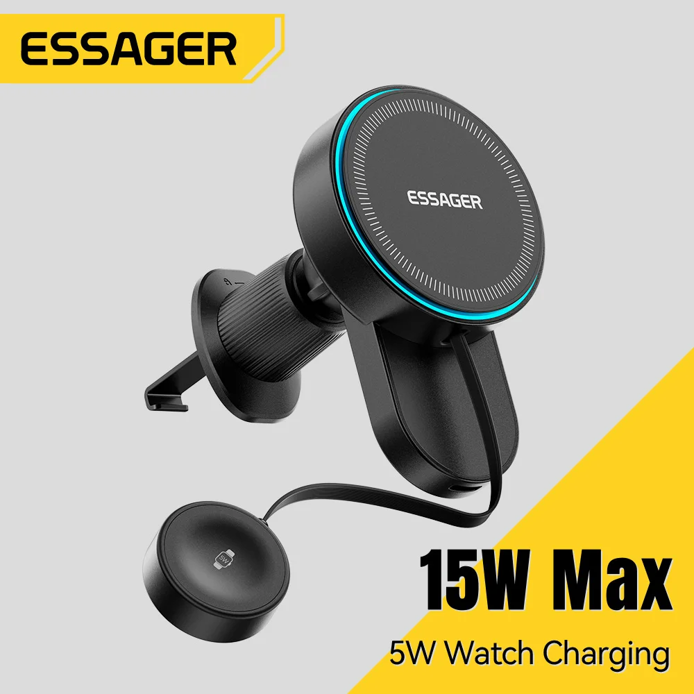 Essager 2 in 1 15W Magnetic Wireless Charger Car Air Outlet Phone Mount for iPhone 17 16 15 5W Apple Watch Fast Charging Station