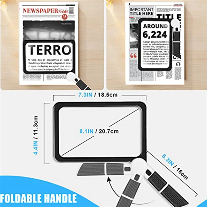 AEE7-Full-Page 5X Lupa Dobrável Iluminada Lupa Retangular para Leitura, Com 48 Luzes LED