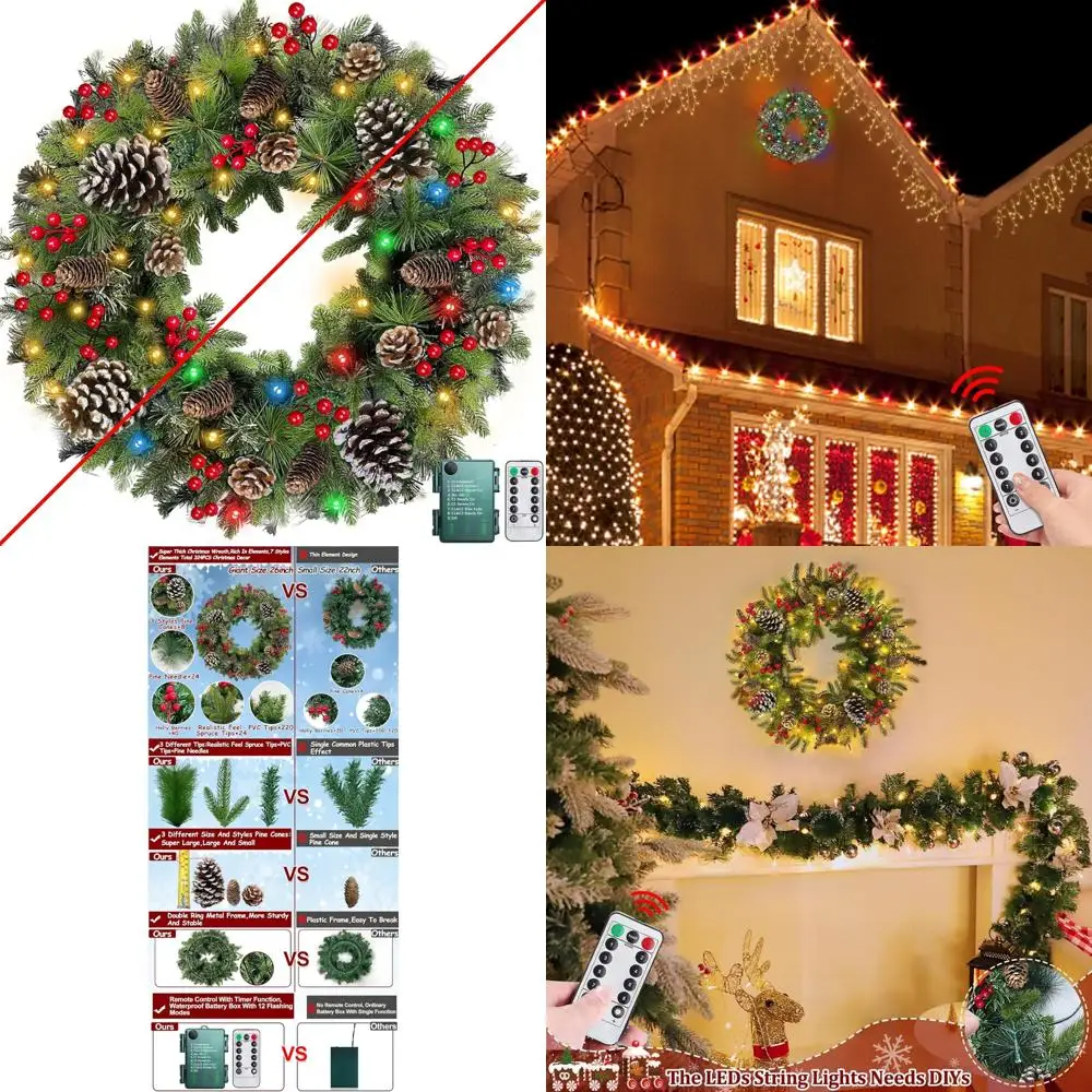 

Супер большой 26-дюймовый предварительно освещенный рождественский венок толщиной 80 теплых белых и красочных огней, 8 режимов, функция таймера, реалистичное ощущение