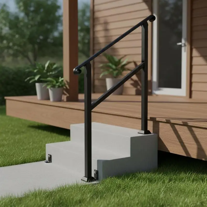 

Free Shipping-Outdoor Stair Railing 35" x 31" For Porch Deck Garden, Iron Construction Adjustable Height Black Powder Coated Finish