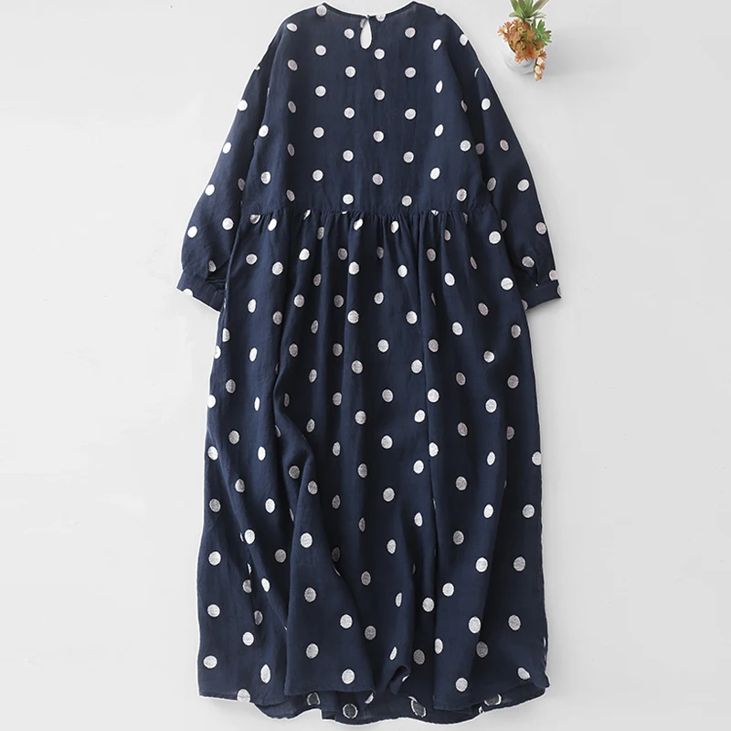 레트로 블루 폴카 도트 코튼 린넨 여성 드레스 루즈 긴 소매 라운드 넥 봄 가을 신상 편안한 A라인 가운