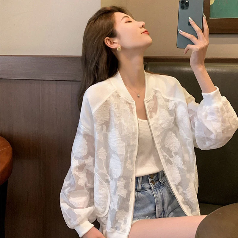 Women New Light Thin Breathable Refreshing White Pattern Gauze Jacket 2023 Female Korean Splicing Loose Sun-proof cCoat Cardigan