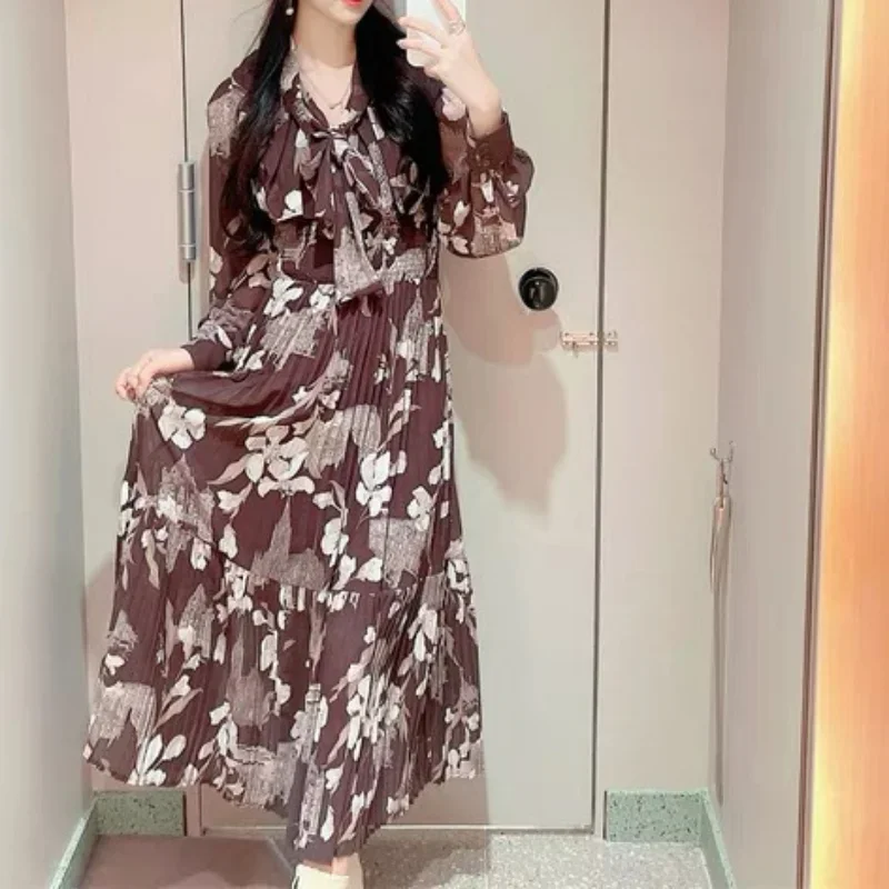 Neploe Long Sleeve Slim Pleated Dresses JAPAN Autumn Winter Vestidos De Mujer Elegant V Neck Bandage Flower Print Robe Femme