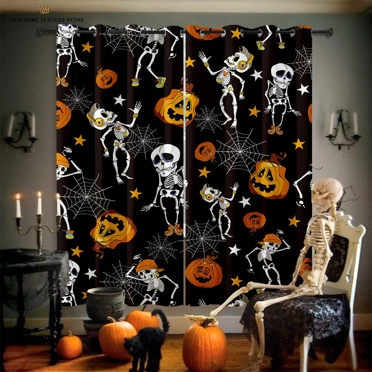 

Halloween Decorative Curtains for Children's Room, Horror Cartoon Skull Print, Restaurant, Holiday Party