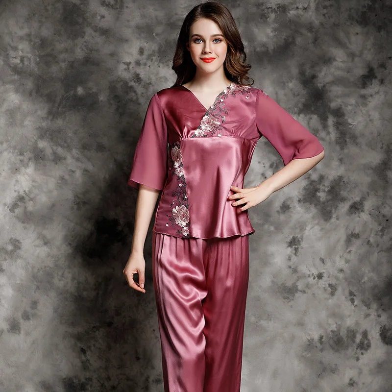 6A 100% Mulberry Silk Pajamas Women Real Silk Pajama Sets Sleepwear Solid Color Half Sleeve Pyjamas Embroidered Two-piece Suit