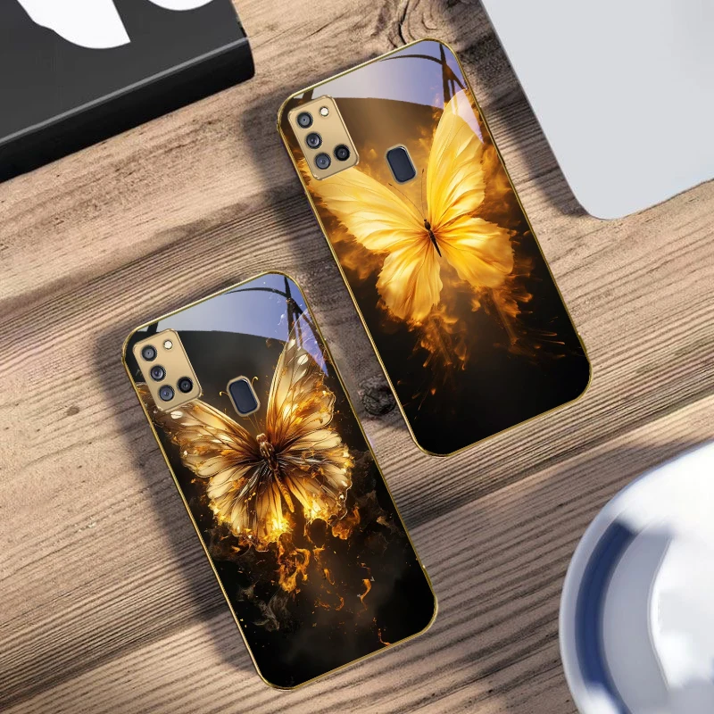 لهب فراشة دافئة لسامسونج A 31 32 A33 A34 35 14 A15 13 16 25 26 50 52 53 54 55 56 70 71 72 73 حافظة هاتف زجاجية ذهبية