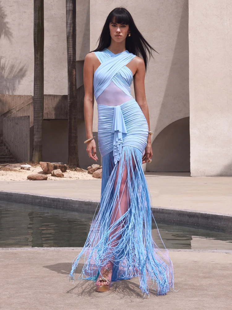 Abito da sera sexy con frange blu da donna – Abito da festa maxi trasparente con scollo all'americana incrociato senza maniche Elegante abito da cocktail per discoteca