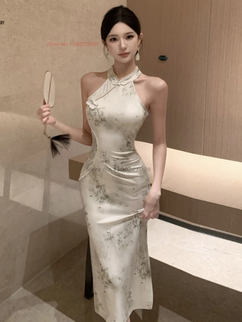 

2026 chinese improved cheongsam retro flower print sleeveless qipao oriental sexy evening dress vintage banquet nightclub dress